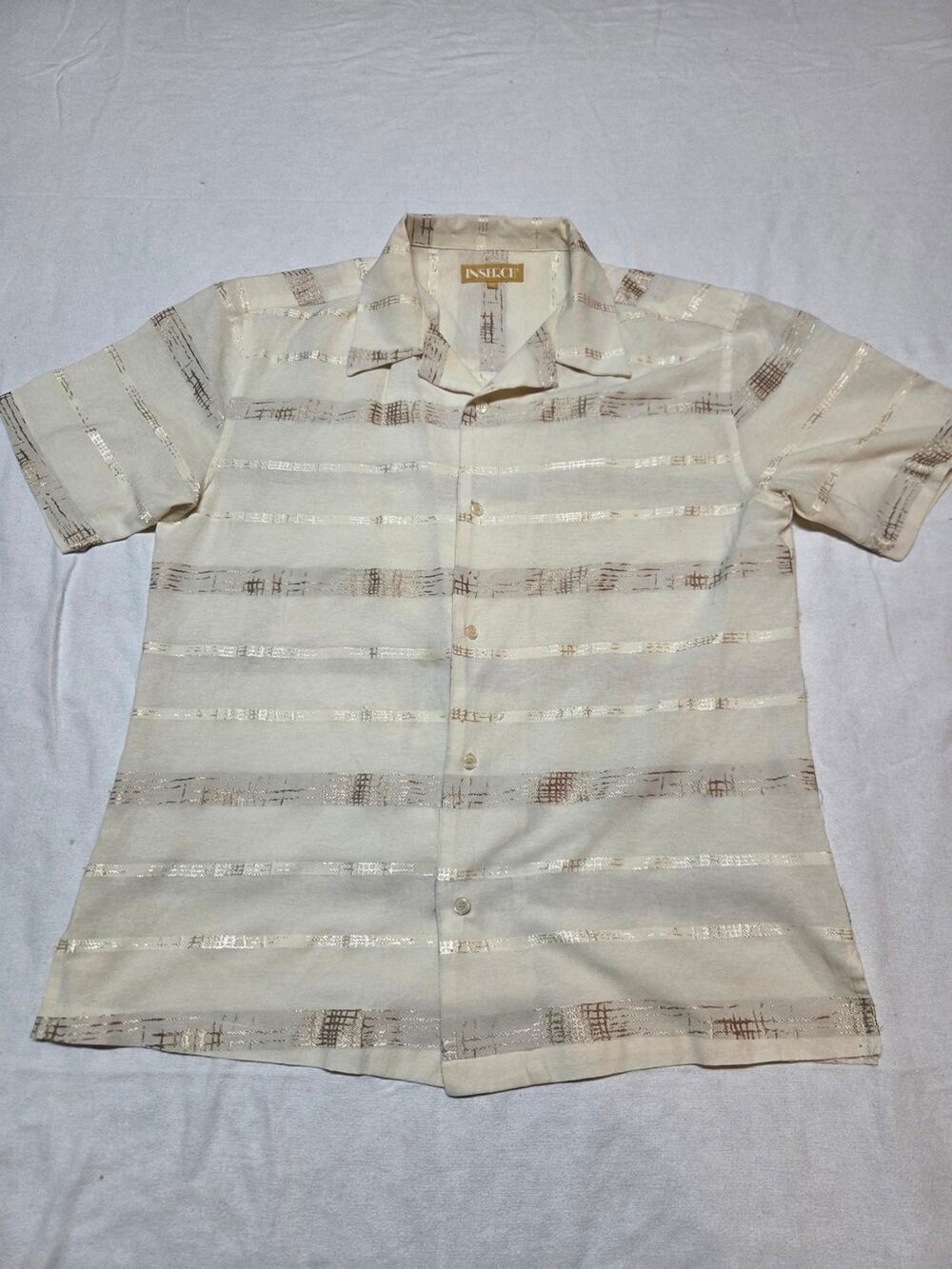 Insight Cream Short Sleeve Button-Up Shirt with Metallic Stripes